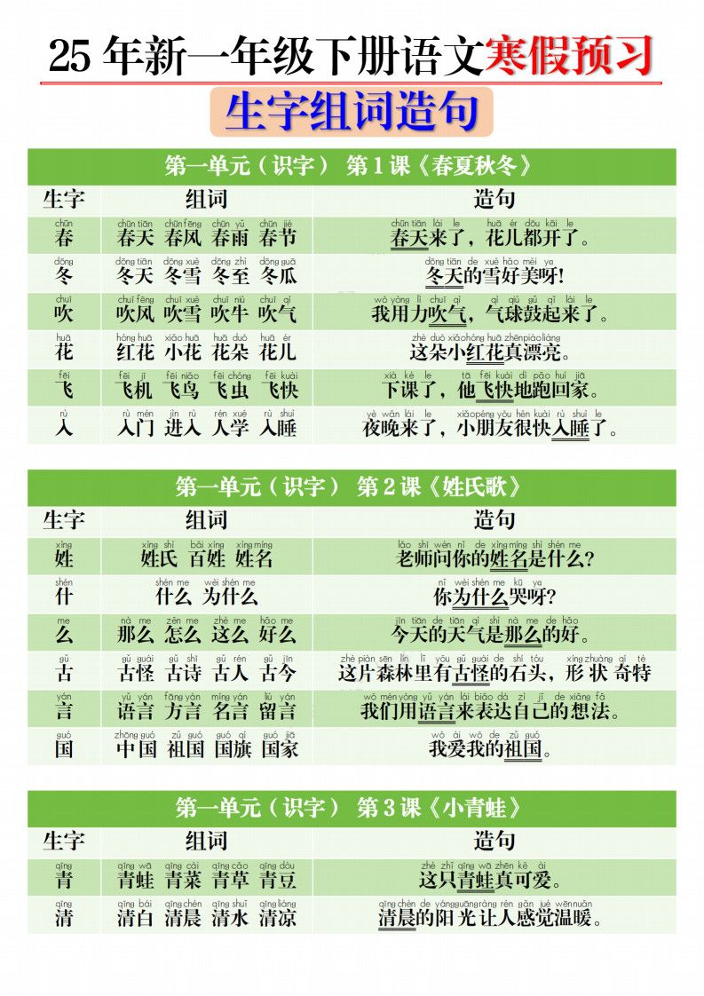 一年级（下）语文 寒假预习生字组词造句.pdf