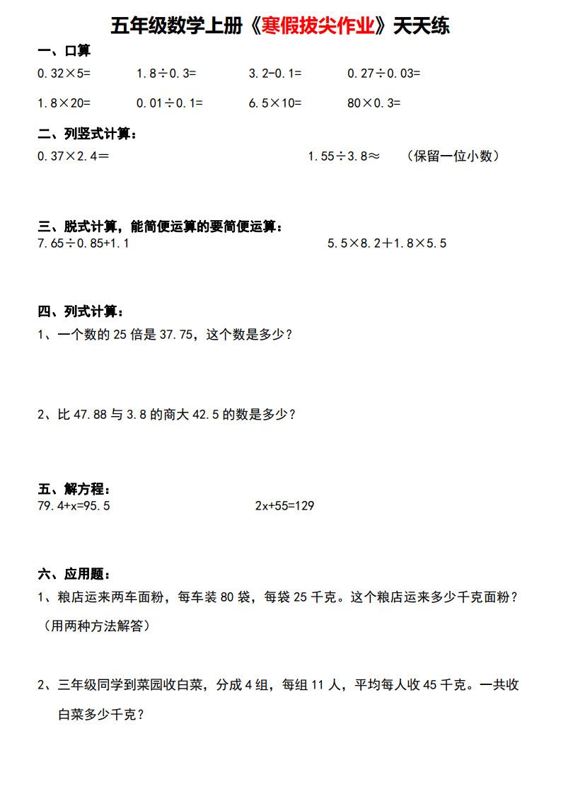 五年级（上）数学 寒假拔尖作业天天练.pdf