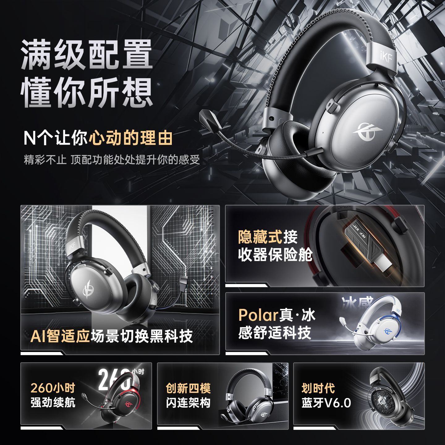 iKF V11 Max头戴式耳机2.4蓝牙电竞电脑无线游戏专用四模闪连2026 图片 2