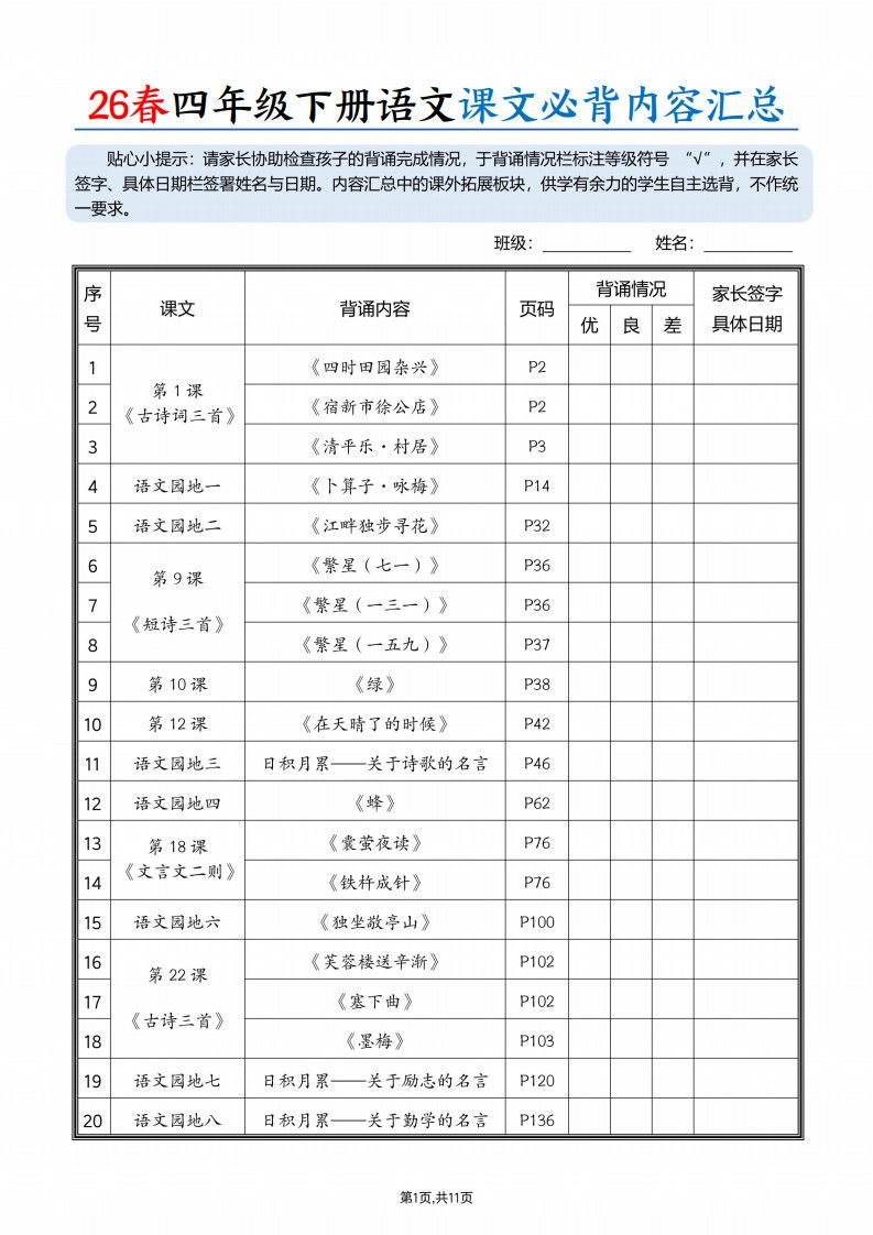 26春四年级下册语文课文必背内容汇总（11页）.pdf