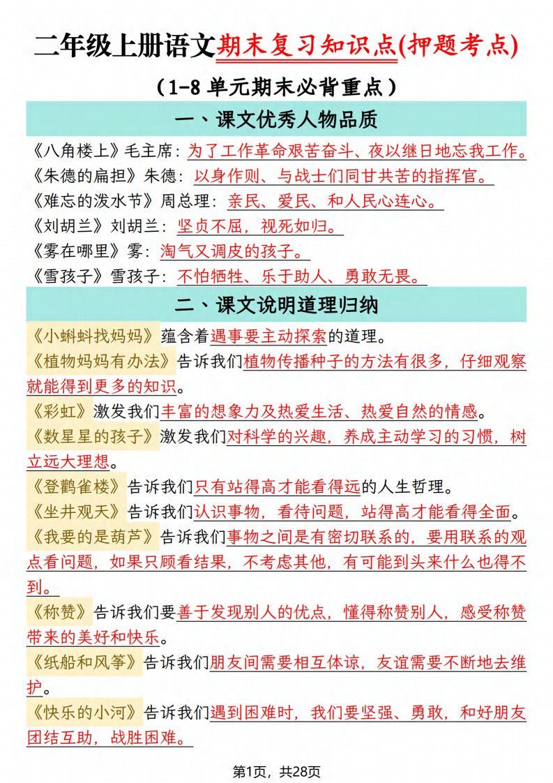 25秋二年级上册语文期末复习知识点(押题考点)28页.pdf