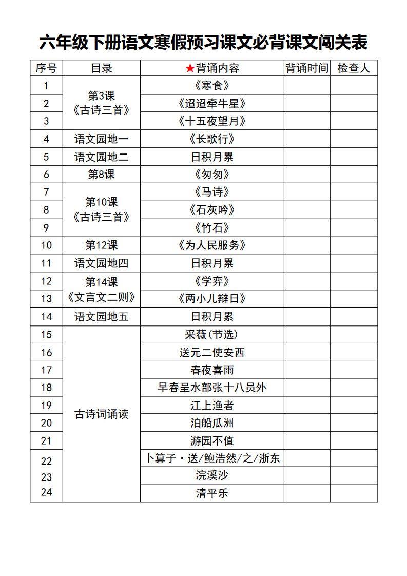 六年级（下册）语文 寒假预习课文必背课文闯关表.pdf