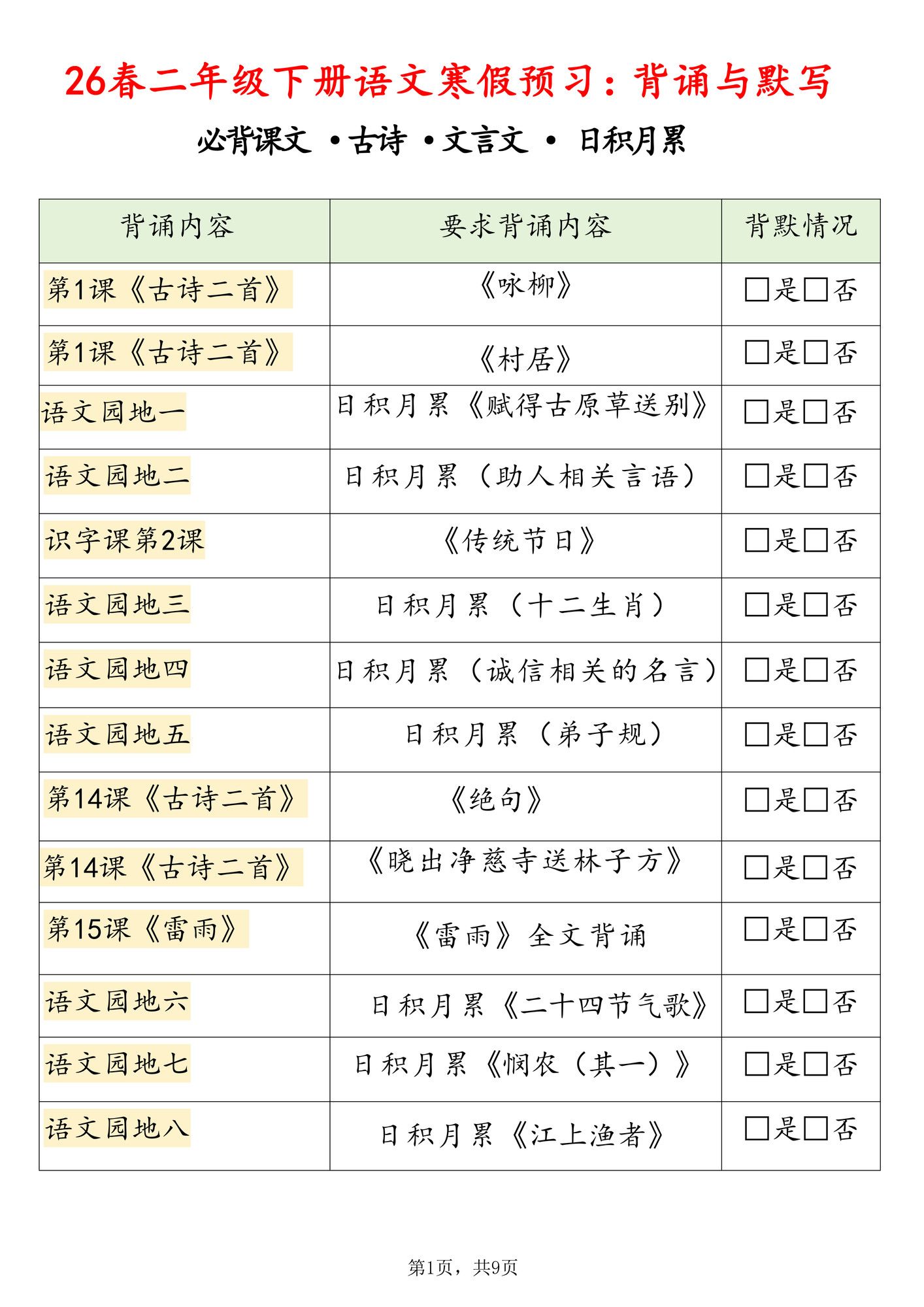 26春二年级下册语文寒假预习背诵与默写（必背课文、古诗、文言文、日积月累）9页.pdf