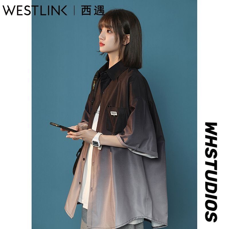 西遇黑白渐变色衬衫男女短袖夏季冰丝衬五分袖防晒外套情侣装