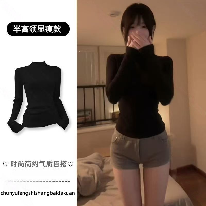 美式复古德绒半高领黑色收腰长袖t恤女春秋冬修身内搭打底衫上衣