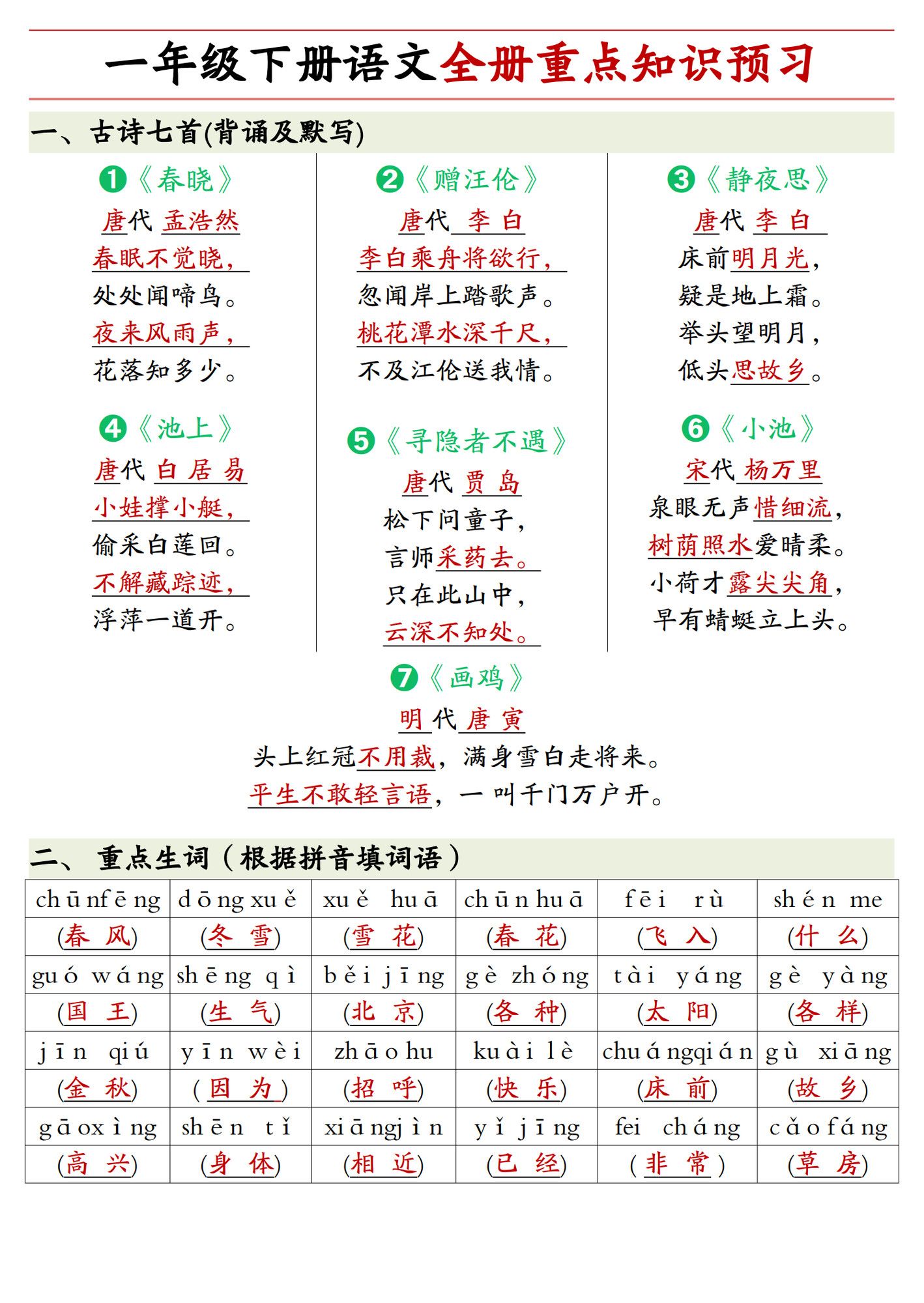 一年级下册语文重点知识预习.pdf