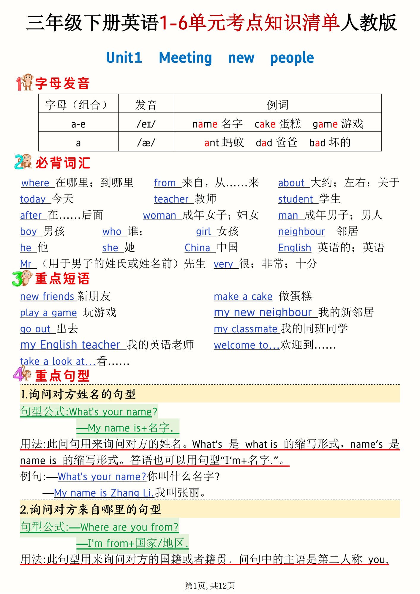 三年级下册英语1-6单元考点知识清单《人教版》.pdf