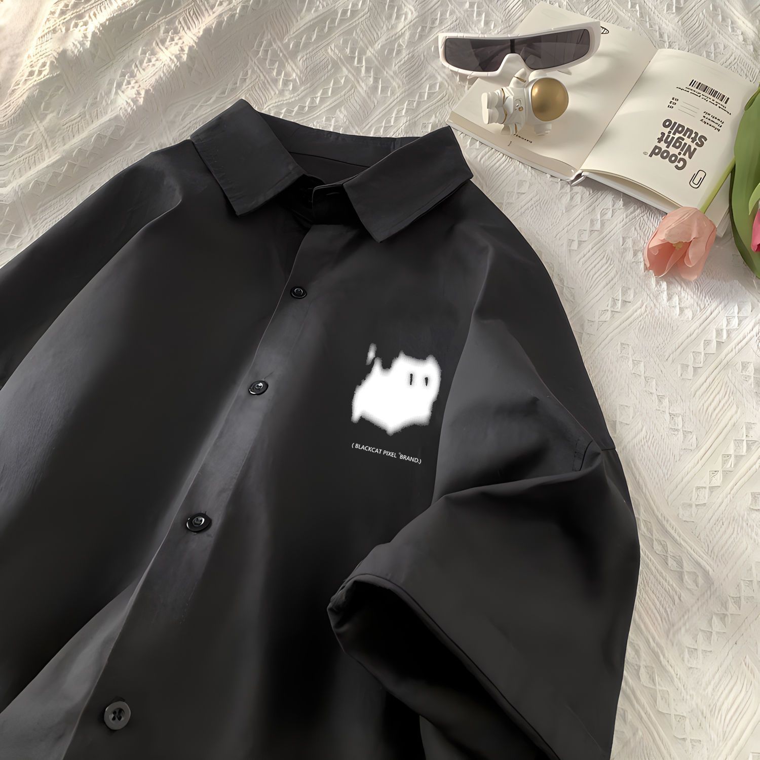 EXLUX冰丝短袖衬衫男生夏季新款薄款潮牌印花五分半袖衬衣外套