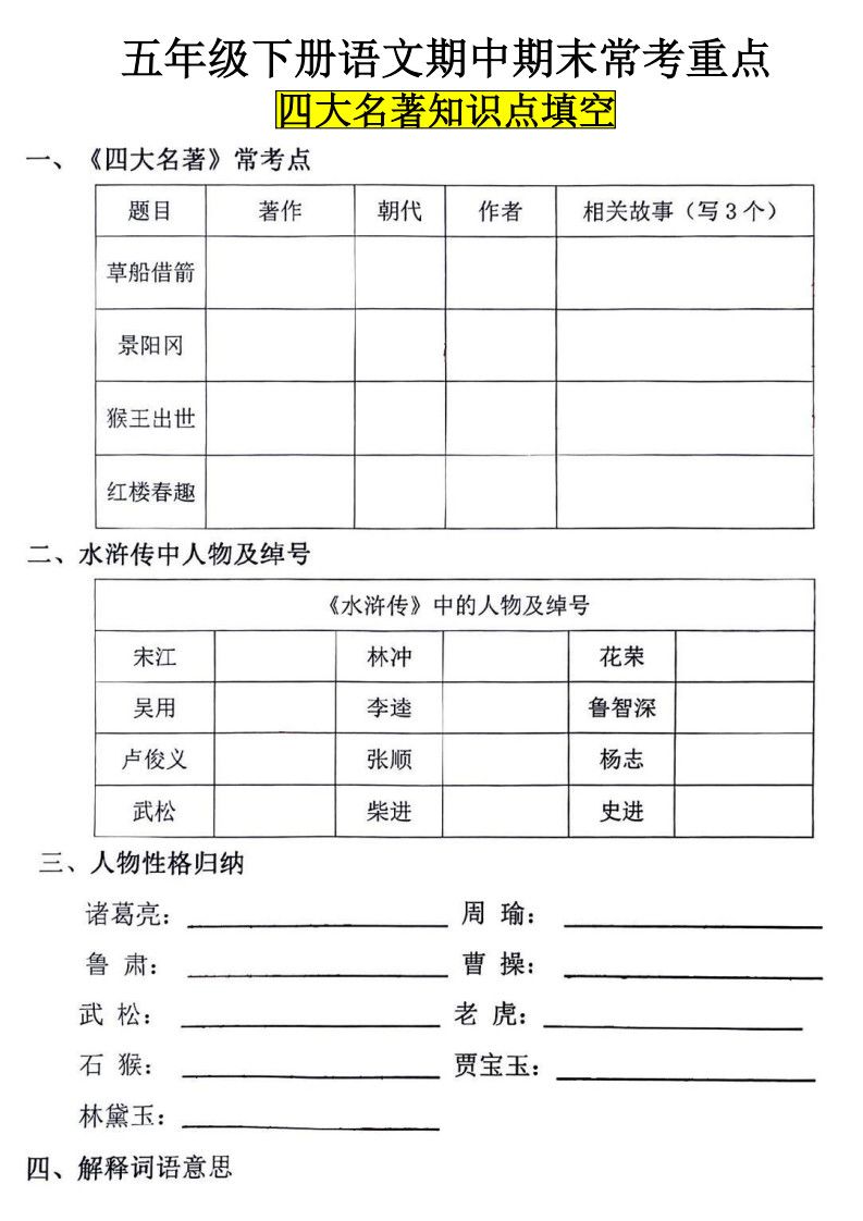 五年级下册语文四大名著知识点填空.pdf