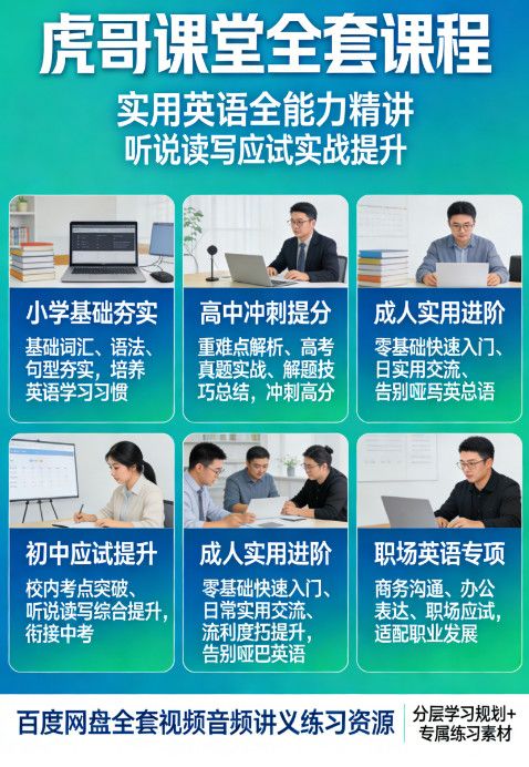 虎哥课堂全套课程 实用英语全能力精讲 听说读写应试实战提升 百度网盘全套视频音频讲义练习资源