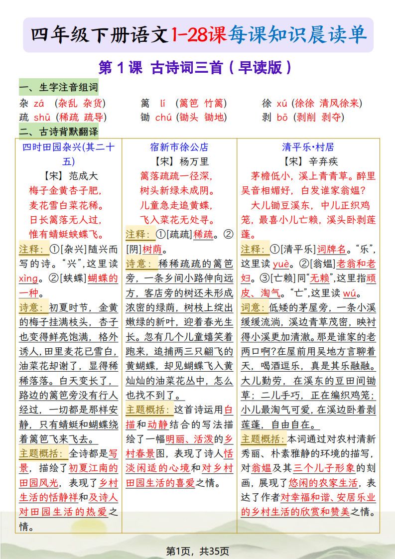 四年级下册语文1-28课每课知识晨读单（35页）.pdf