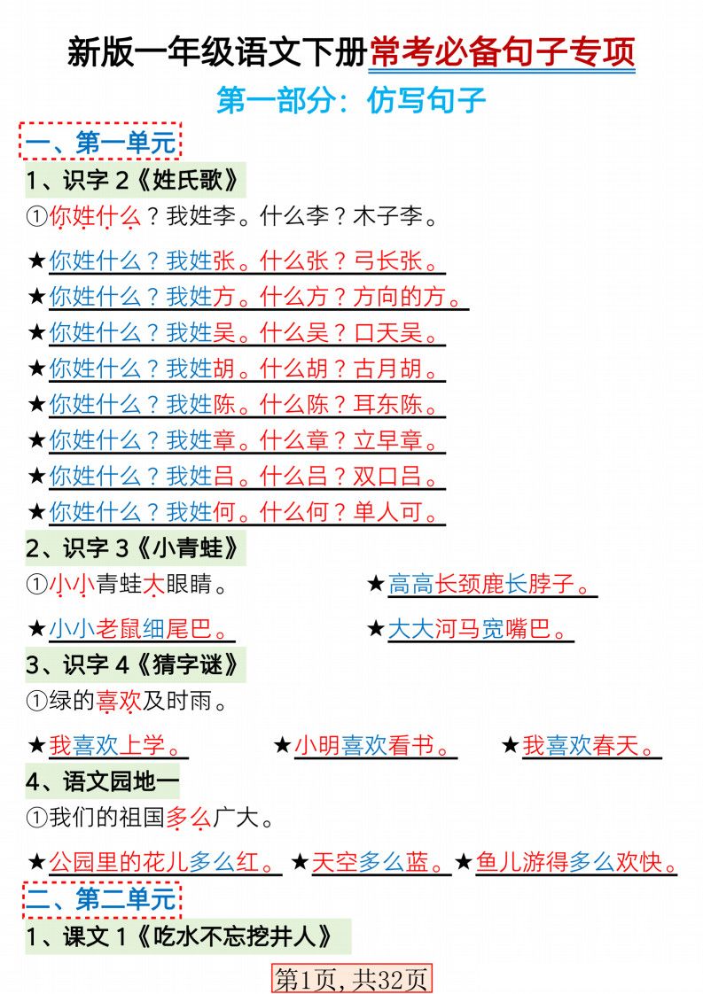 一年级下册语文常考必备句子专项练习.pdf