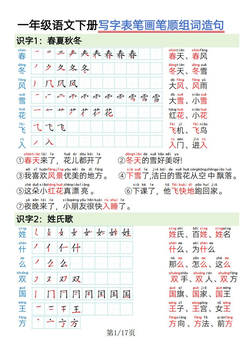 一年级下册语文写字表笔画笔顺组词造句.pdf 无水印可下载