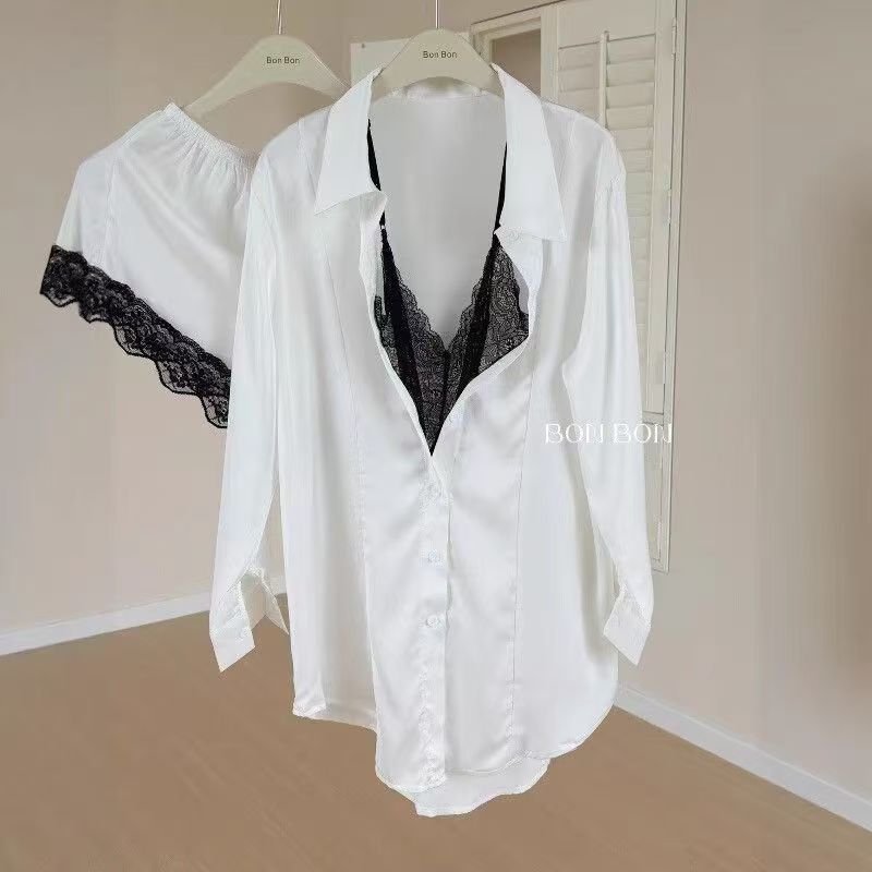 缎面冰雪丝睡衣女春秋夏季高级家居服纯欲气质长袖短裤两件套装【15天内发货】