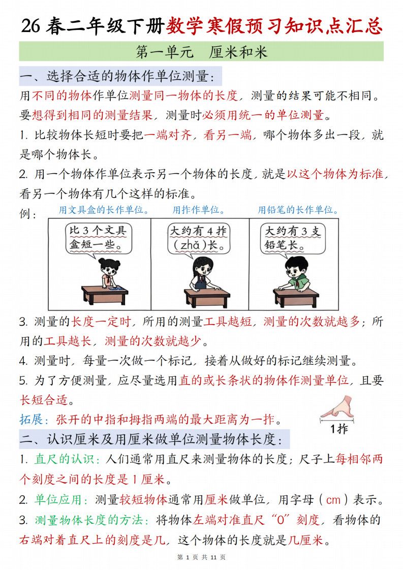 二年级下册数学寒假预习知识点清单《苏教版》.pdf 无水印可下载