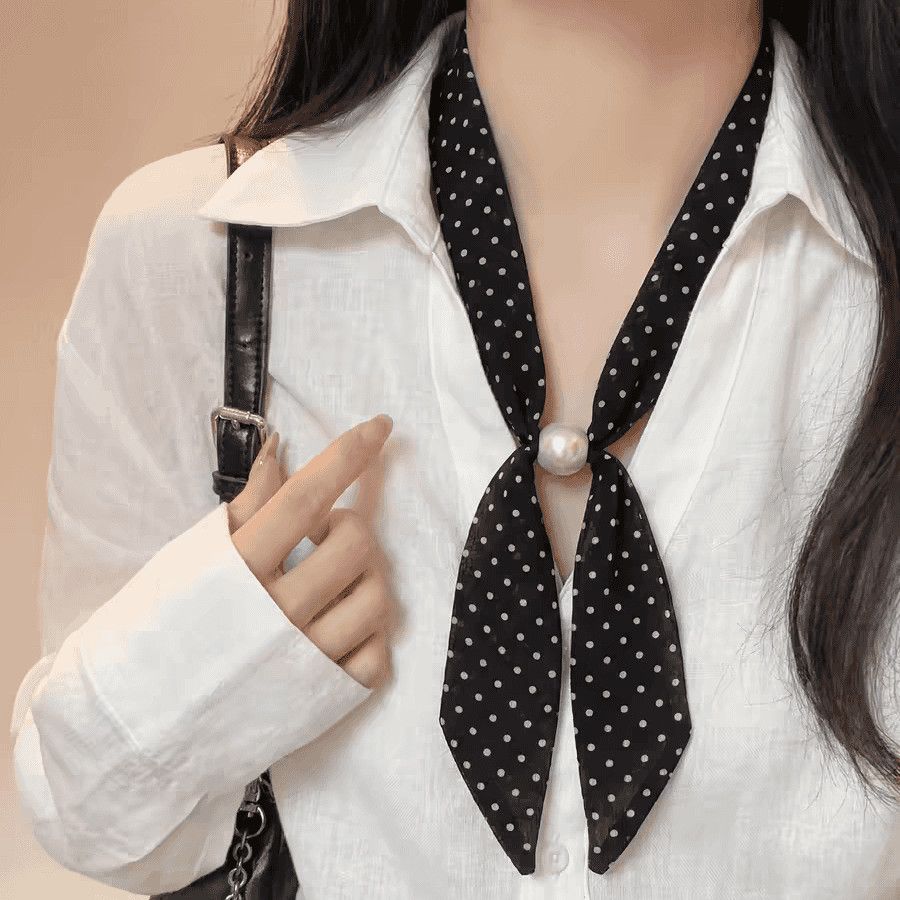 Sciarpa da collo vintage in seta con decorazioni di perline in stile coreano, ideale per selfie e per la primavera._voghion.com