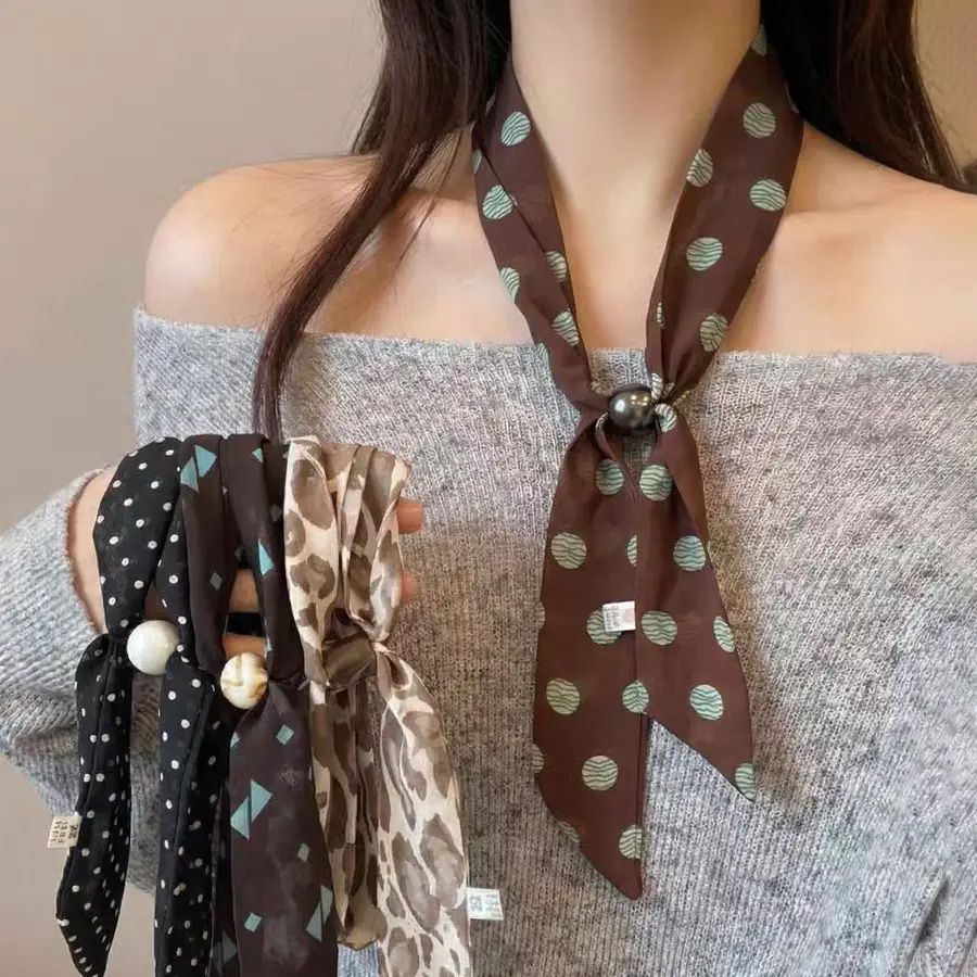 Sciarpa da collo vintage in seta con decorazioni di perline in stile coreano, ideale per selfie e per la primavera._voghion.com