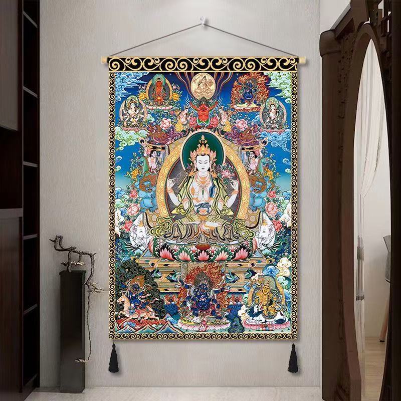 藏式唐卡黄财神佛像布艺挂画装饰画墙布玄关过道挂布背景布定制 4