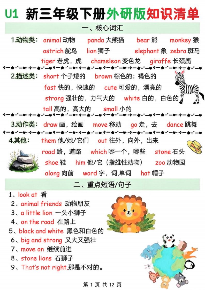 三年级下册英语知识清单《外研版（三起点）》.pdf 无水印可下载