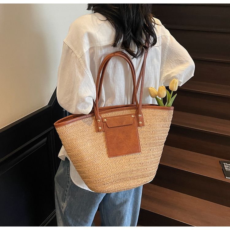 Geflochtene Stroh Beuteltasche Für Damen Große Strand Schultertasche_voghion.com
