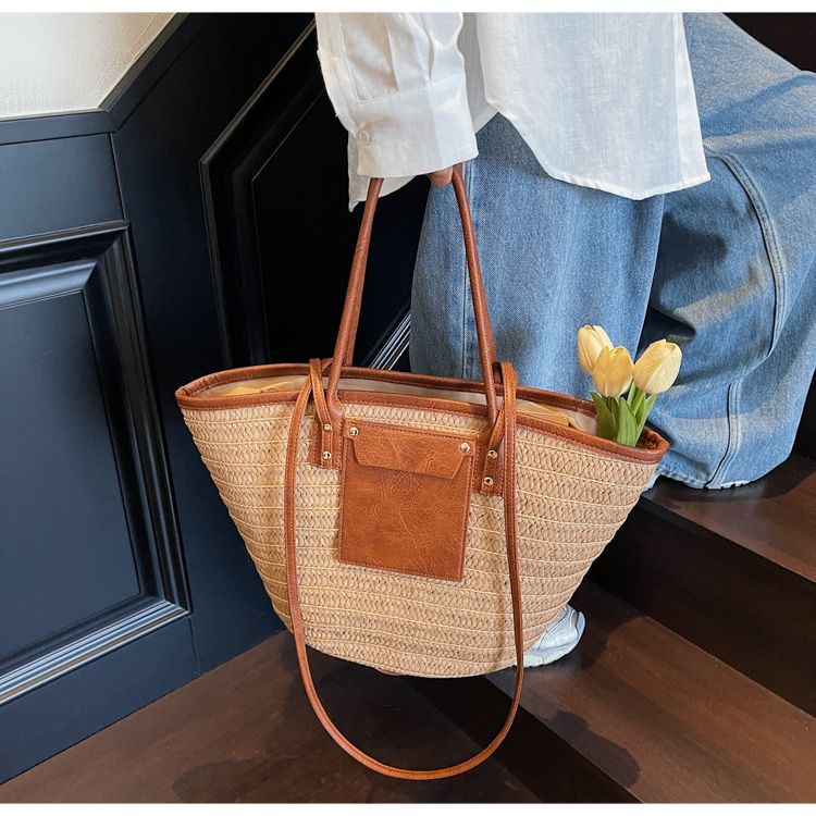Geflochtene Stroh Beuteltasche Für Damen Große Strand Schultertasche_voghion.com