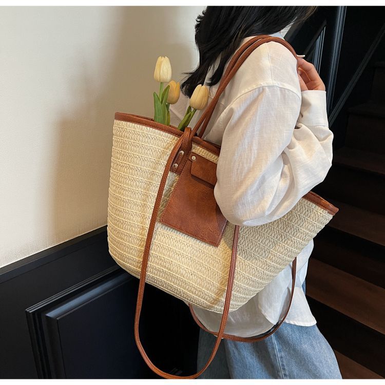 Geflochtene Stroh Beuteltasche Für Damen Große Strand Schultertasche_voghion.com