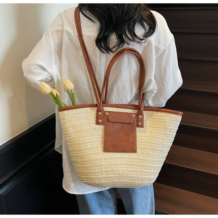 Geflochtene Stroh Beuteltasche Für Damen Große Strand Schultertasche_voghion.com