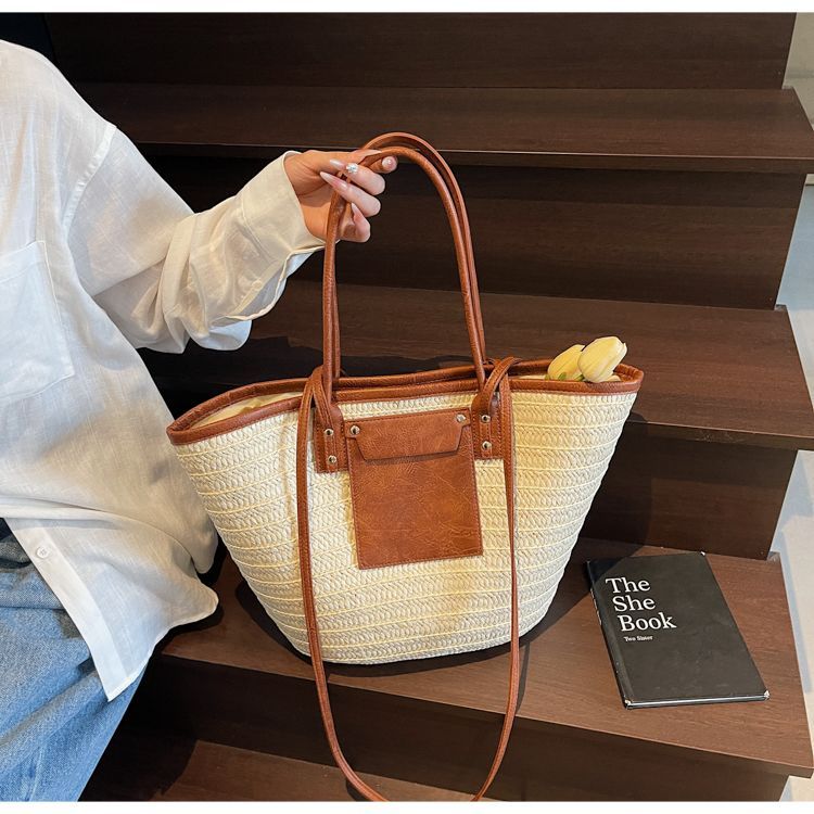 Geflochtene Stroh Beuteltasche Für Damen Große Strand Schultertasche_voghion.com