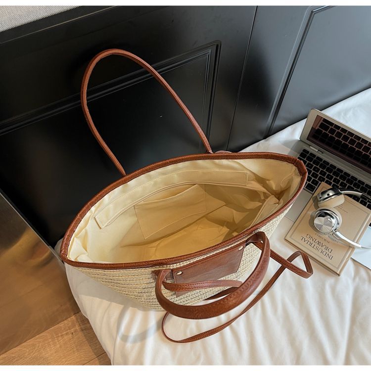 Geflochtene Stroh Beuteltasche Für Damen Große Strand Schultertasche_voghion.com