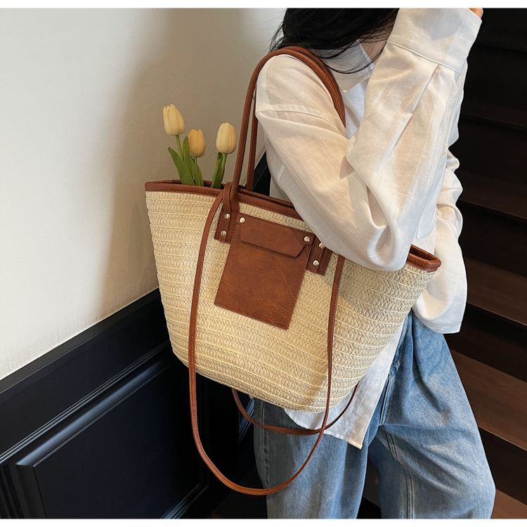 Geflochtene Stroh Beuteltasche Für Damen Große Strand Schultertasche_voghion.com