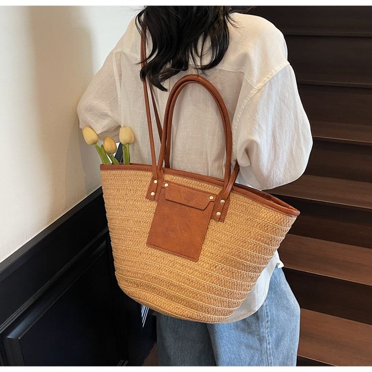 Geflochtene Stroh Beuteltasche Für Damen Große Strand Schultertasche_voghion.com