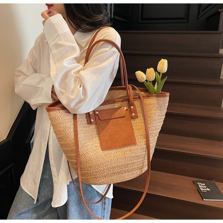 Geflochtene Stroh Beuteltasche Für Damen Große Strand Schultertasche_voghion.com
