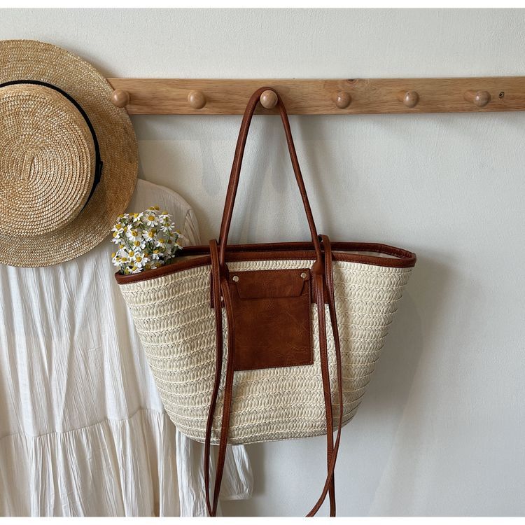 Geflochtene Stroh Beuteltasche Für Damen Große Strand Schultertasche_voghion.com