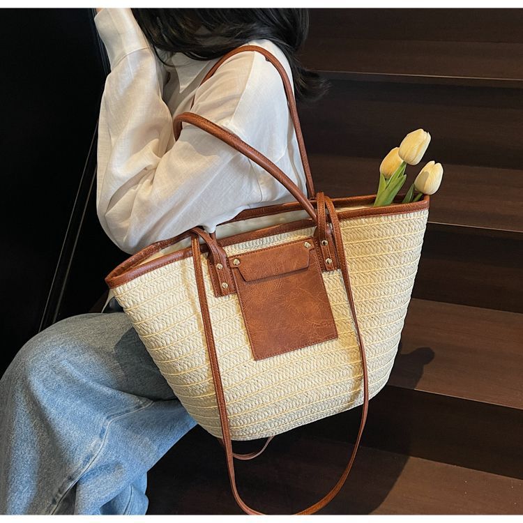 Geflochtene Stroh Beuteltasche Für Damen Große Strand Schultertasche_voghion.com
