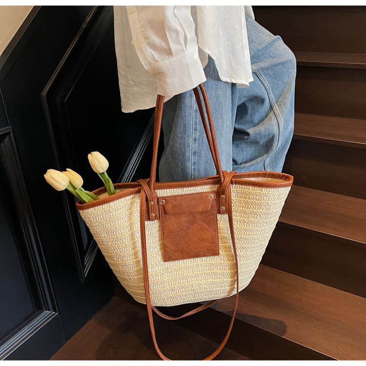 Geflochtene Stroh Beuteltasche Für Damen Große Strand Schultertasche_voghion.com