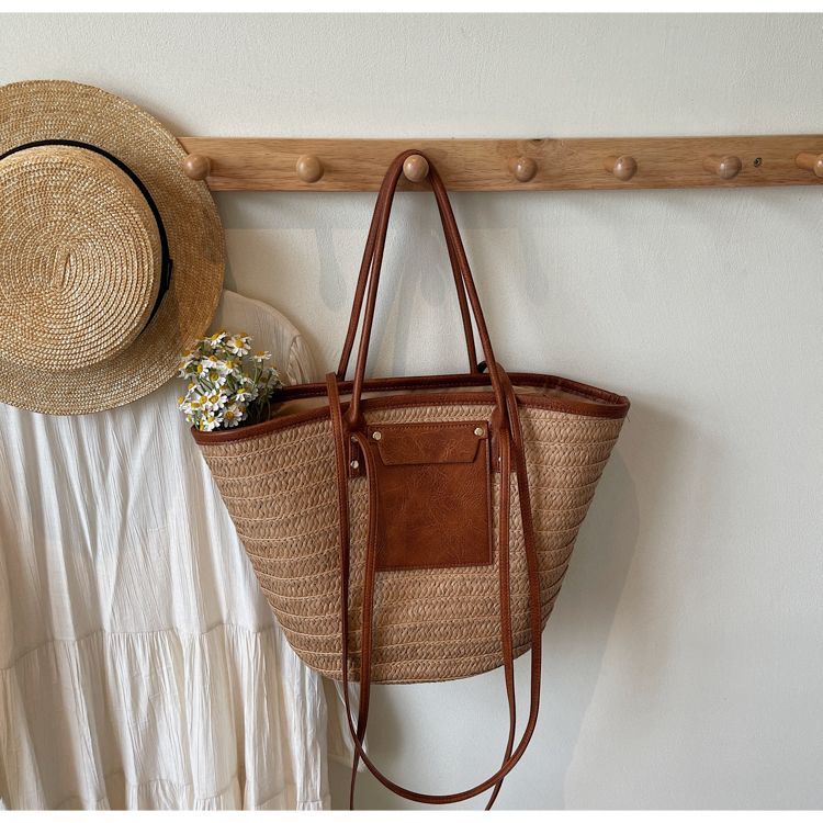 Geflochtene Stroh Beuteltasche Für Damen Große Strand Schultertasche_voghion.com