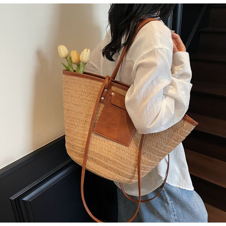 Geflochtene Stroh Beuteltasche Für Damen Große Strand Schultertasche_voghion.com