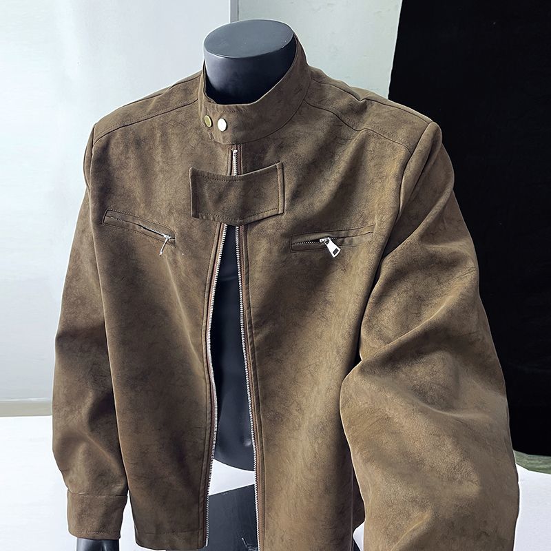 2026春季机车PU皮衣复古工装外套新款上衣雾面扎染立领夹克男