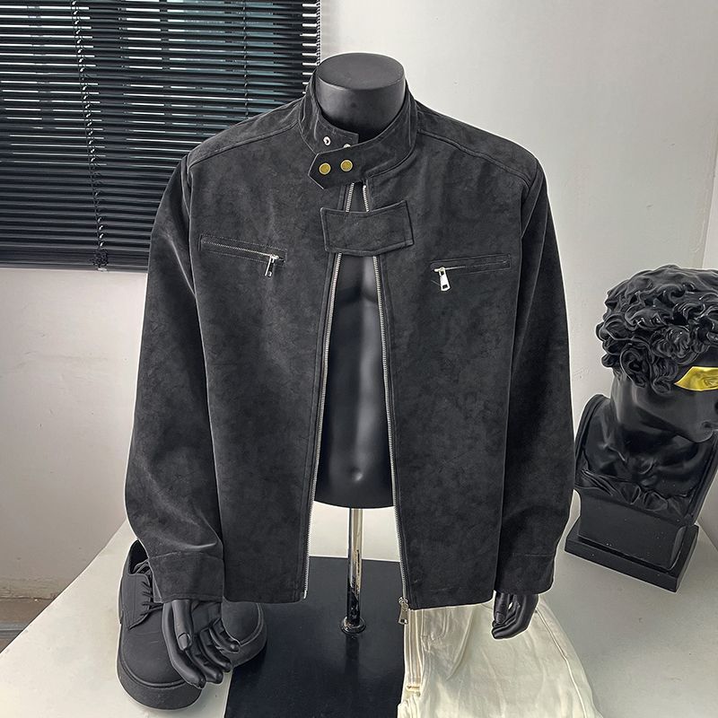 复古工装外套2026春季机车PU皮衣新款上衣雾面扎染立领夹克男