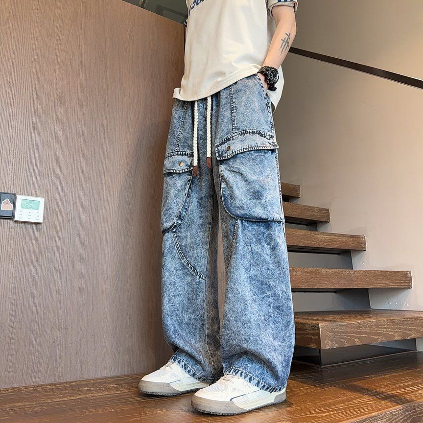 大码男裤高街美式宽松复古新款松紧裤子水洗春款花纹叠穿弯刀裤