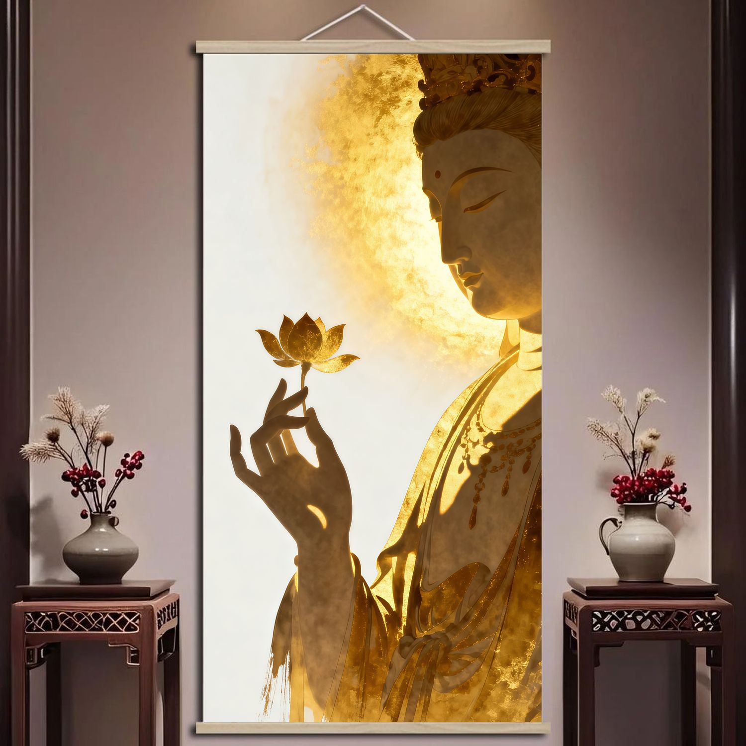 净瓶杨柳观音实木挂画佛堂供奉祈福保平安客厅免打孔防水装饰墙画 2
