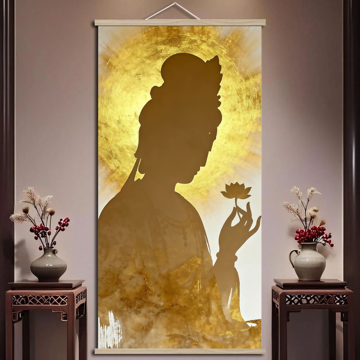 净瓶杨柳观音实木挂画佛堂供奉祈福保平安客厅免打孔防水装饰墙画 4
