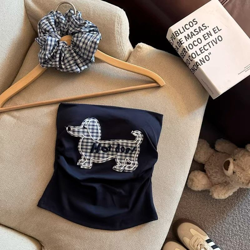Puppy Embroidered Camisole For Women With Pads, Thai Style Spicy Girl Off-Shoulder Tube Top, Summer Chest Wrap_ecoleips.com