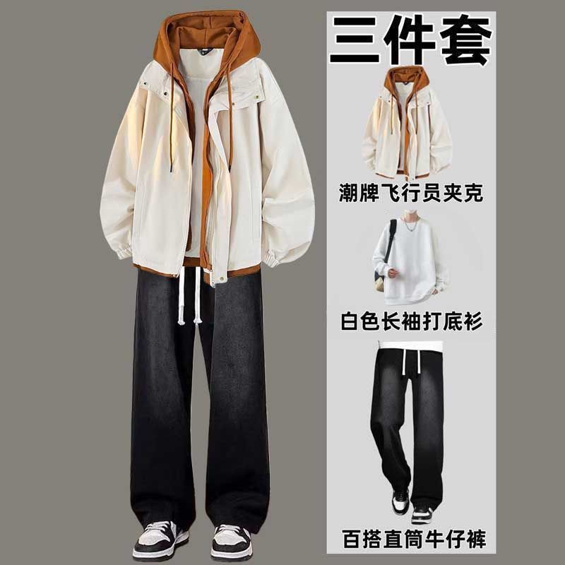 EXLUX春季男连帽假两件外套夹克高街一整套搭配牛仔裤男装三件套