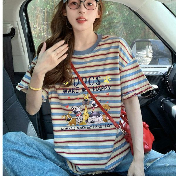 Dopamine-colored Striped Short-sleeve T-shirt For Women, Summer Design With Ruffled Edges, Loose Fit, Plus Size,_ecoleips.com
