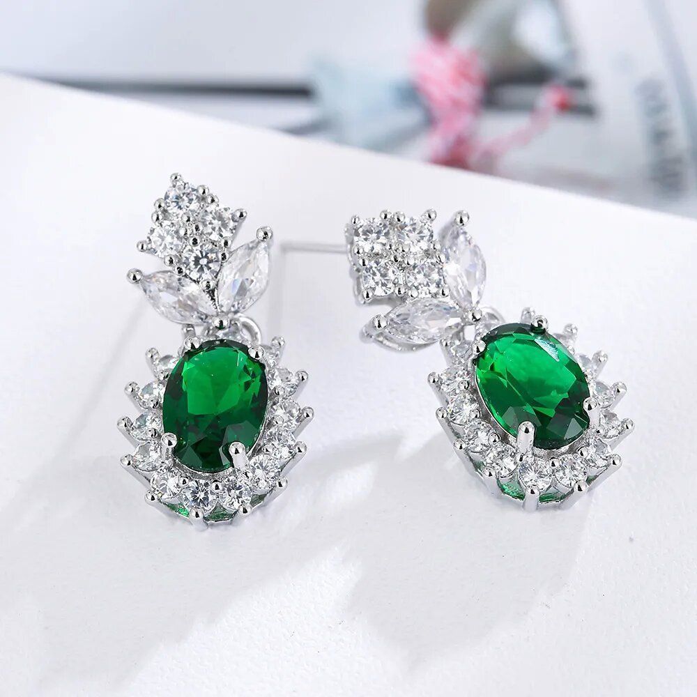 Luxury Emerald And Tourmaline Silver Earrings With Pendant Set_voghion.com