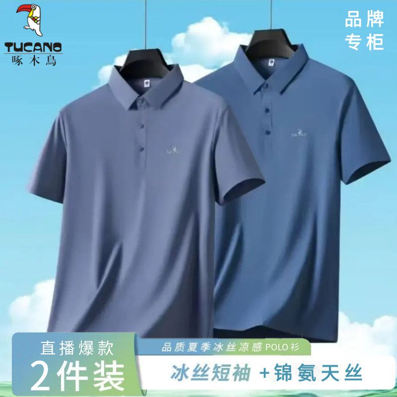 啄木鸟正品夏季短袖T恤休闲冰丝POLO衫高奢款中老年上衣爸爸装 图片 2