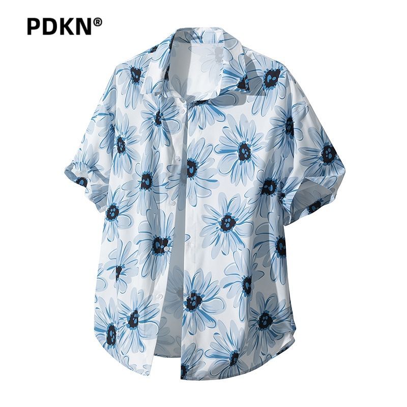 PDKN夏威夷风涂鸦印花宽松沙滩短袖衬衫男2026夏季新款冰感薄衬衣