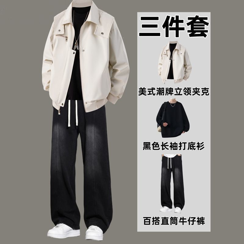 美式工装复古夹克套装男青少年一整套搭配牛仔裤男装潮流三件套