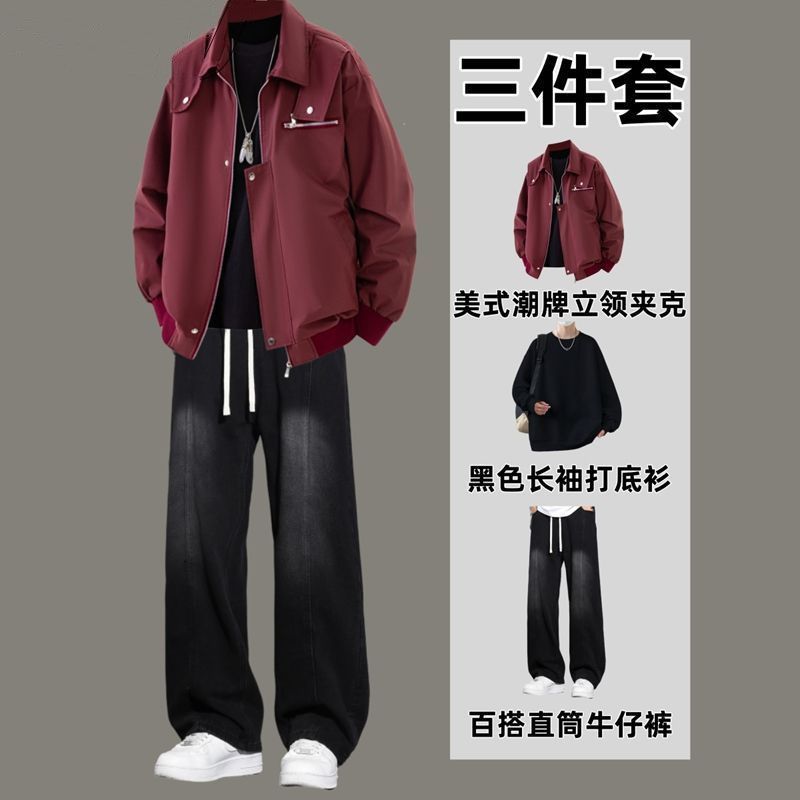 美式复古工装夹克套装男青少年一整套搭配牛仔裤男装潮流三件套